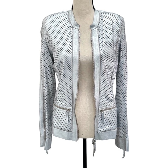 ROBERTO CAVALLI SILVER PERFORATED LEATHER FITTED FULL ZIP JACKET - WAS ALTERED - Picture 13 of 16